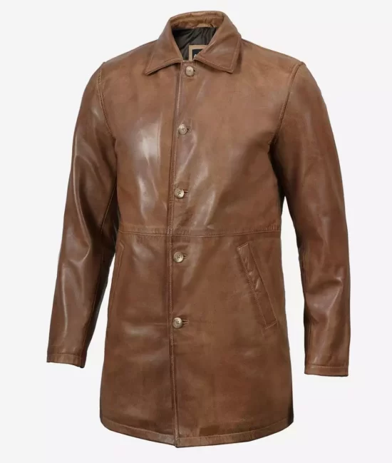 Men's Tall Camel Brown Leather Coat Closure