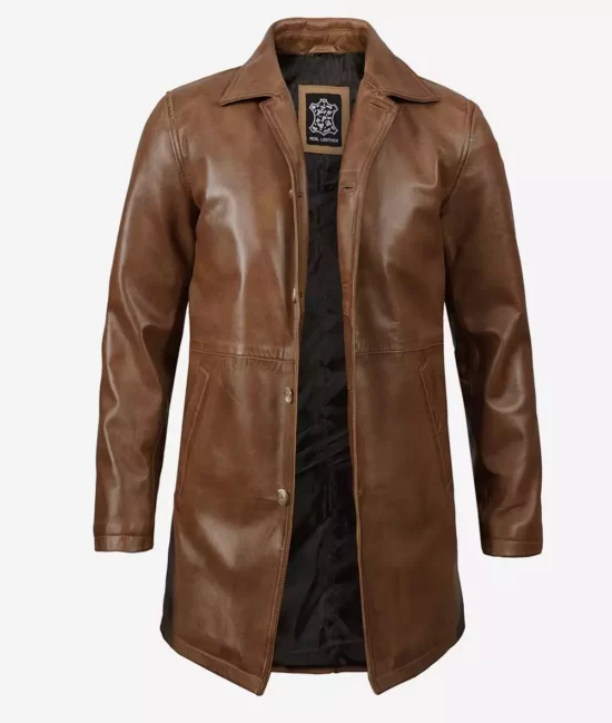 Men's Tall Camel Brown Length Leather Coat Front