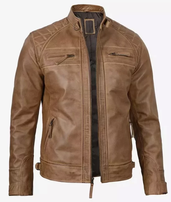 Men's Tall Camel Brown Quilted Genuine Leather Jacket