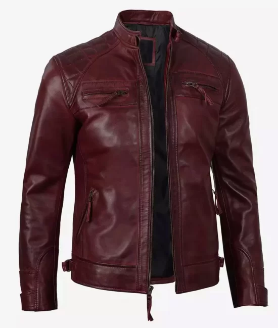 Mens Tall Maroon Cafe Racer Full Grain Leather Jackets