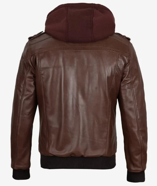 Mens Top Leather Dark Brown Bomber Jacket With Removable Hood