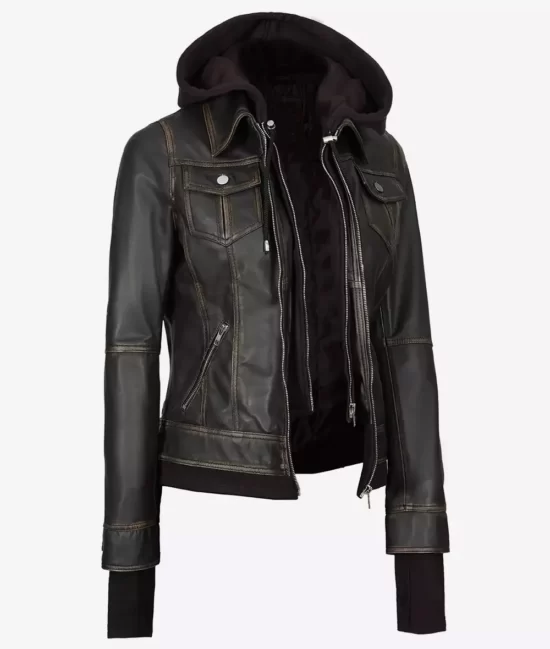 Men's Tralee Black Bomber Top Grain Leather Jacket With Removable Hood