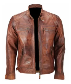 Quentin Men’s Brown Distressed Quilted Leather Racer Jacket