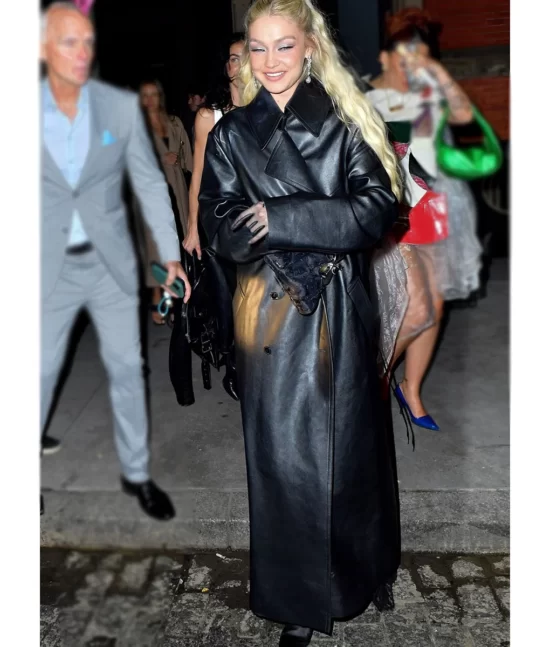 Met Gala 2023 Gigi Hadid Black Real Leather Long Coat