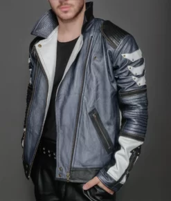 Mike Blue Mens Leather Metallic Leather Jacket