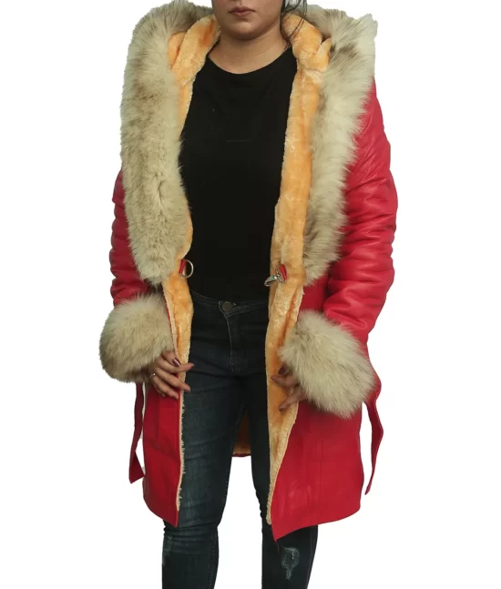 Mrs. Claus Red Real Leather Coat