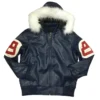 Navy Blue 8 Ball Men's Fur Hooded Bomber Leather Jacket