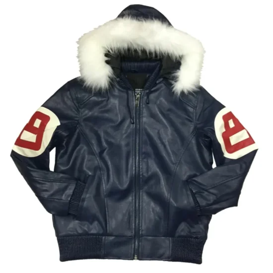 Navy Blue 8 Ball Men's Fur Hooded Bomber Leather Jacket