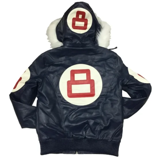 Navy Blue Eight Ball Men's Fur Hooded Bomber Leather Jacket