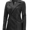 Notch Lapel Collar Double Breasted Black Real Leather Coat