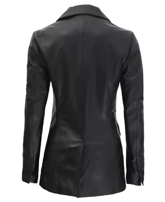 Notch Lapel Collar Double Breasted Black Top Leather Coat