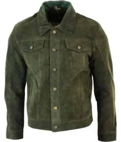 Onyx Men’s Olive Real Suede Trucker Utility Suede Leather Jacket