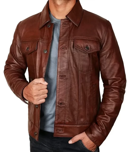 Owen Men’s Brown Vintage Classic Leather Trucker Jacket