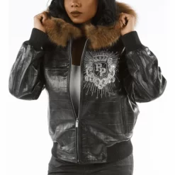 Pelle Pelle Black Genuine Leather Womens Jacket with Fur Hood