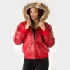 Pelle Pelle Fur Hooded Women Red Top Leather Jacket