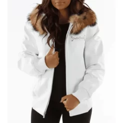Pelle Pelle Ladies Basic Fur Hood White Top Leather Jacket