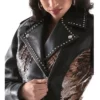 Pelle Pelle Ladies Biker Black Full Genuine Leather Jacket With Tiger-Striped Applique 