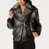 Pelle Pelle Ladies Black Biker Jacket with Spotted Fur Collar