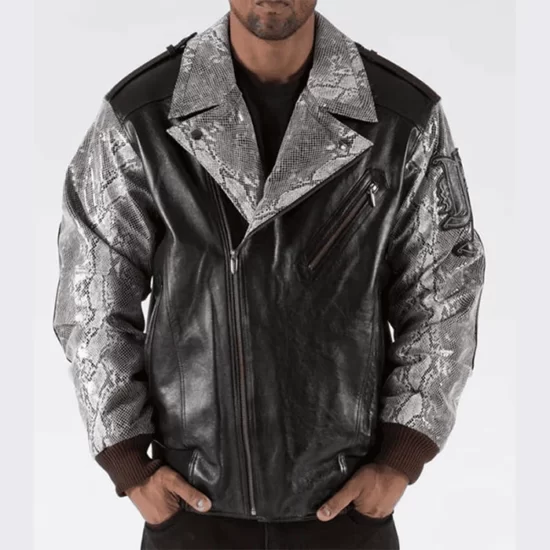 Pelle Pelle Mens Varsity Black Biker Plushfoil Print Leather Jacket