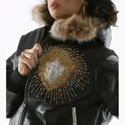 Pelle Pelle Platinum and Diamonds Fur Hood Black Plush Leather Jacket