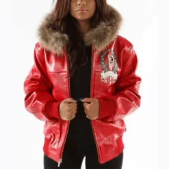 Pelle Pelle Women Live Like a King Red Fur Hooded Leather Jacket