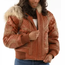 Pelle Pelle Women Monarch Rust Burnish Fur Hooded Brown Leather Jacket