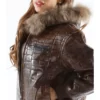 Pelle Pelle Women’s Crocodile Skin Fur Collar Brown Full Genuine Leather Jacket