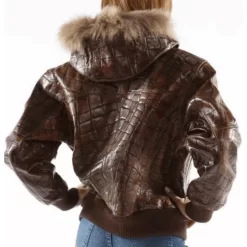 Pelle Pelle Women’s Crocodile Skin Fur Collar Brown Genuine Leather Jacket