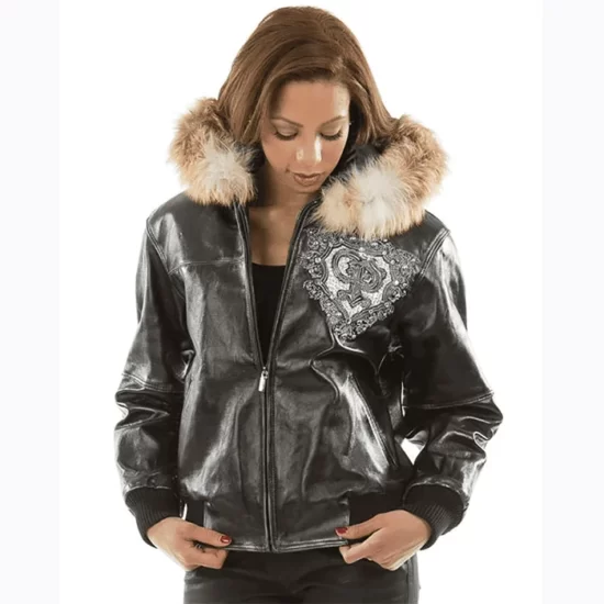 Pelle Pelle Womens Double P Black Fur Hooded Leather Jacket