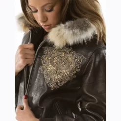 Pelle Pelle Womens Double P Fur Hood Brown Genuine Leather Jacket