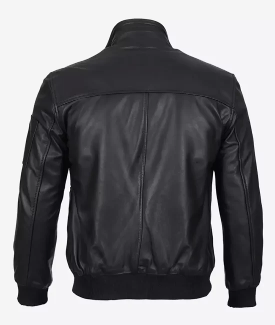 Premium Black Cowhide Leather Bomber Jacket for Men Back