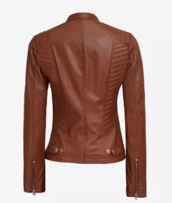 Rachel Womens Petite Tan Rib Padded Leather Biker Jacket Back