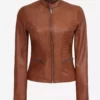 Rachel Womens Petite Tan Rib Padded Real Leather Biker Jacket