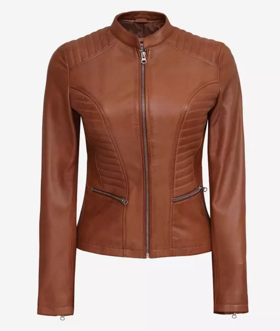 Rachel Womens Petite Tan Rib Padded Real Leather Biker Jacket