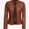 Rachel Womens Tan Biker Petite Rib Padded Full Genuine Leather Jacket