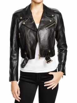 Rebecca Quin WWE Black Cropped Leather Biker Jacket