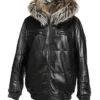 Reversible Black Leather Fox Fur Bomber Hood Jacket
