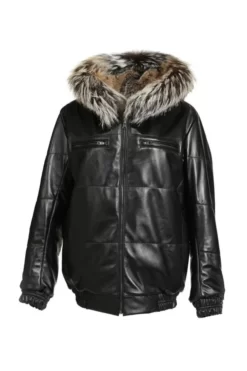 Reversible Black Leather Fox Fur Bomber Hood Jacket