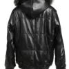 Reversible Black Leather Fox Fur Bomber Hood Jacket Back