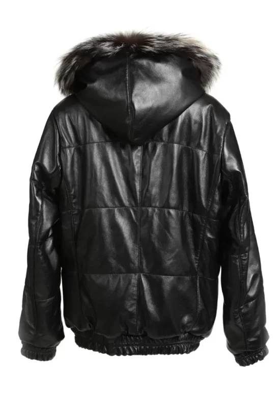 Reversible Black Leather Fox Fur Bomber Hood Jacket Back