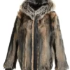 Reversible Black Leather Fox Fur Bomber Hood Jacket Front