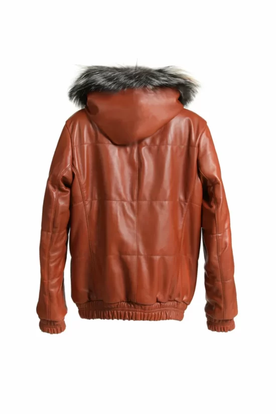 Reversible Fox Brown Top Leather Hooded Bomber Jacket