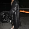 Rihanna Black Leather Fur Trim Coat