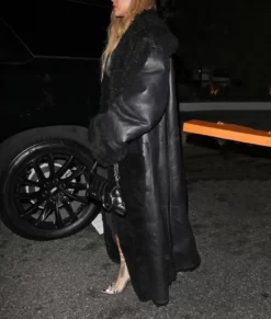 Rihanna Black Leather Fur Trim Coat
