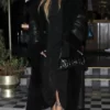 Rihanna Black Leather Fur Trim Coat Front