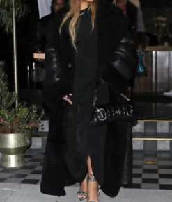 Rihanna Black Leather Fur Trim Coat Front