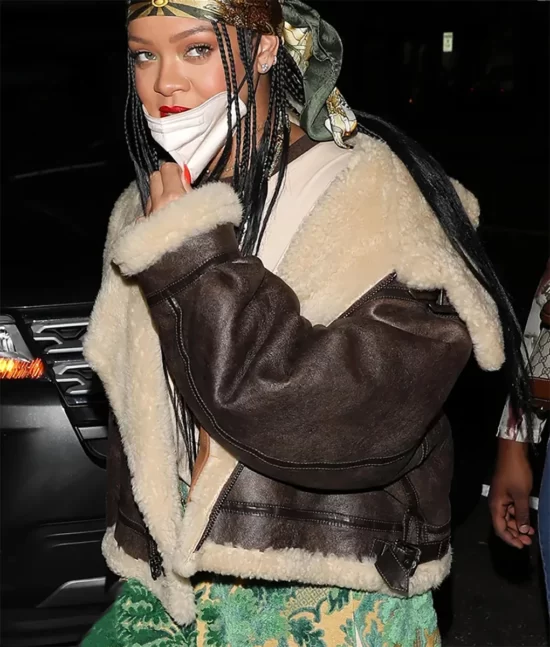 Rihanna Brown Aviator Leather Jacket