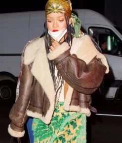 Rihanna Brown Aviator Top Leather Jacket