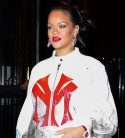 Rihanna Yankees White Bomber Leather Jacket