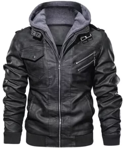 Ronald Black Real Leather Jacket with Hood